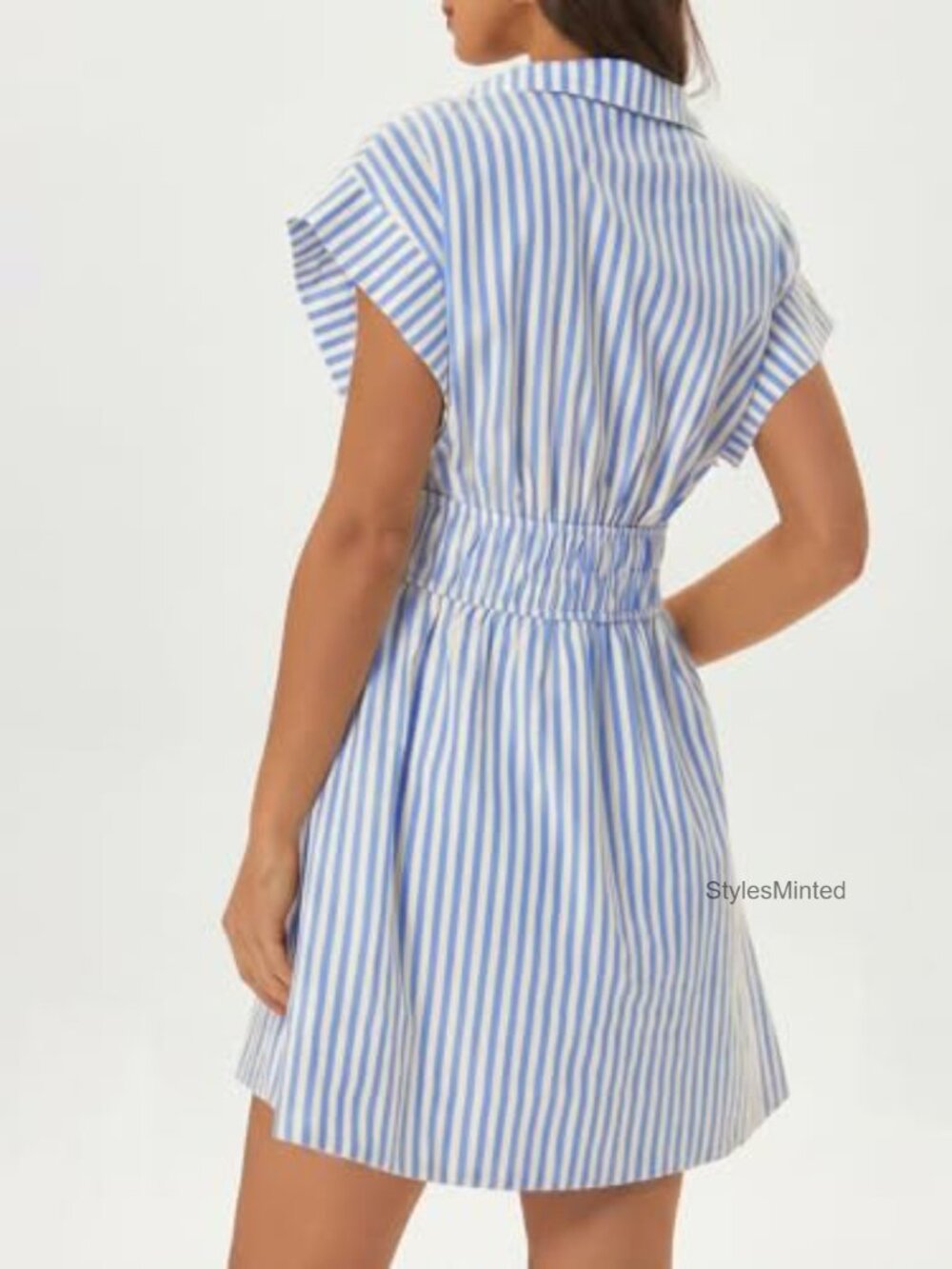 Striped Cotton Mini Shirt Dress Short Sleeve A-line Drawstring Waist - Picture 3 of 6